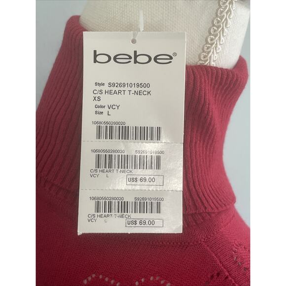 BEBE red ribbed Y2k Vtg Heart turtleneck with bebe Logo Rhinestone Shirt NEW L - Picture 11 of 15